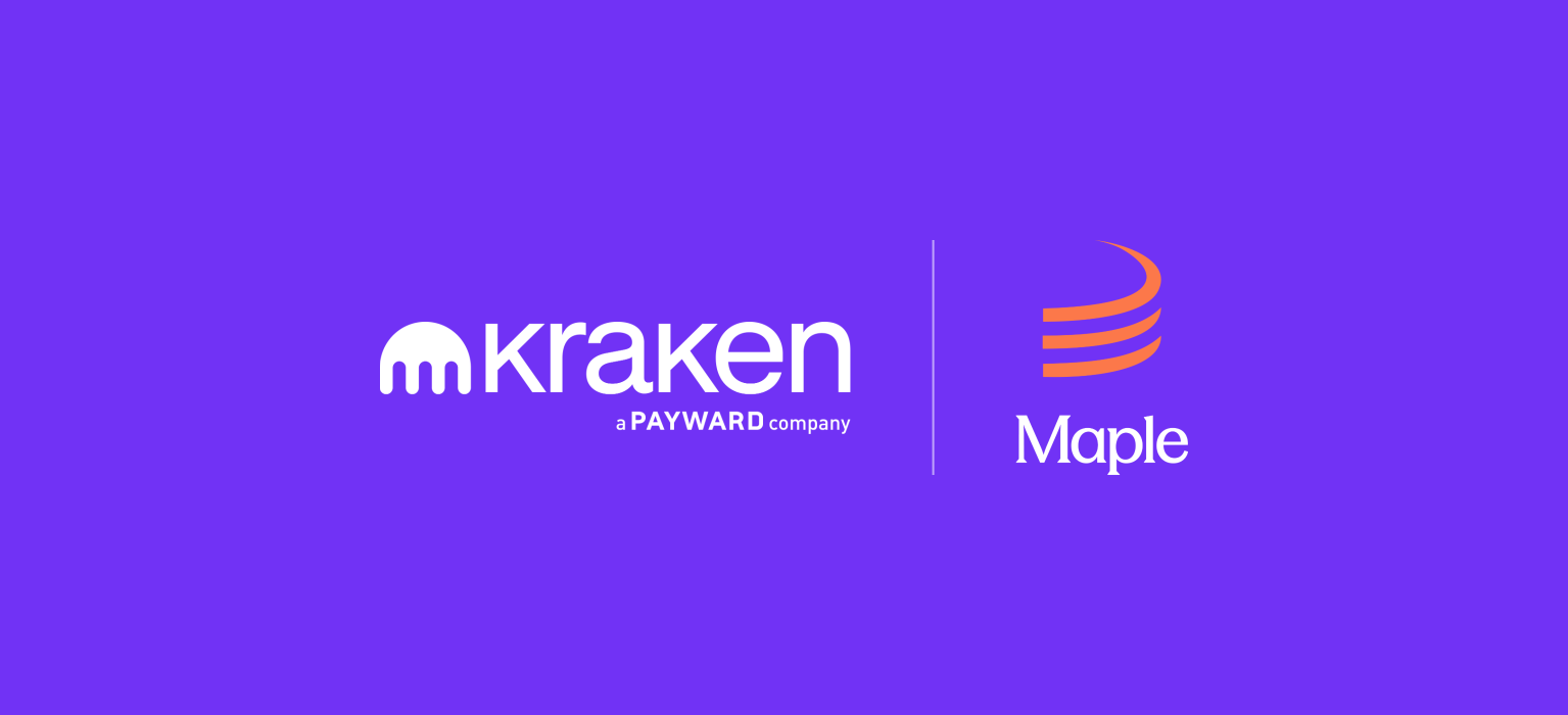 Логотипы Kraken и Maple, отображаемые рядом с абстрактными представлениями транзакций с цифровыми активами и финансовыми данными.