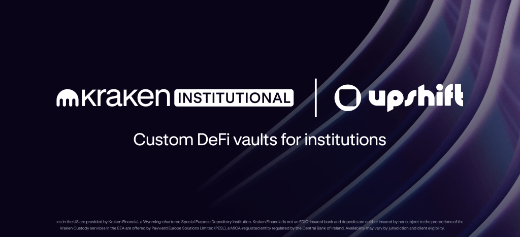 Kraken Institutional and Upshift logos displayed side by side, signifying a new partnership focused on institutional DeFi yield generation.